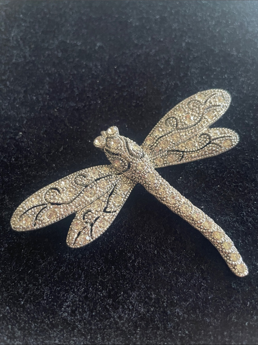 Vintage Silvertone dragonfly brooch with rhinestones!